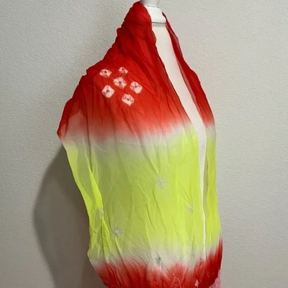 Vintage Rare One of a Kind Sheer Tie Dye Smocked Scarf Wrap Shawl Red Yellow